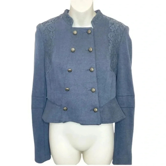 We The Free Blue Double Breasted Victorian Lace Cropped Jacket - Picture 4 of 10